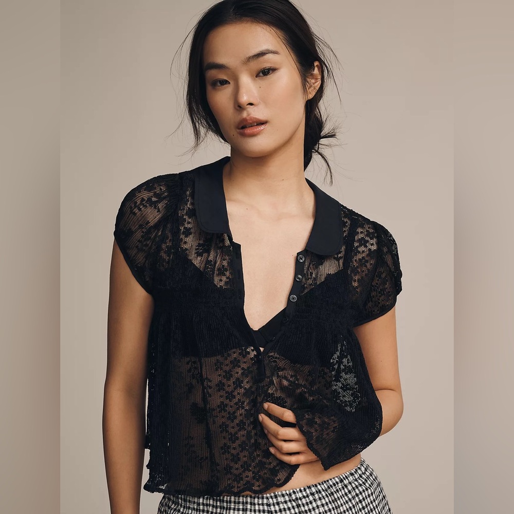 NWT Maeve by Anthropologie Sheer Black Lace Collared Blouse